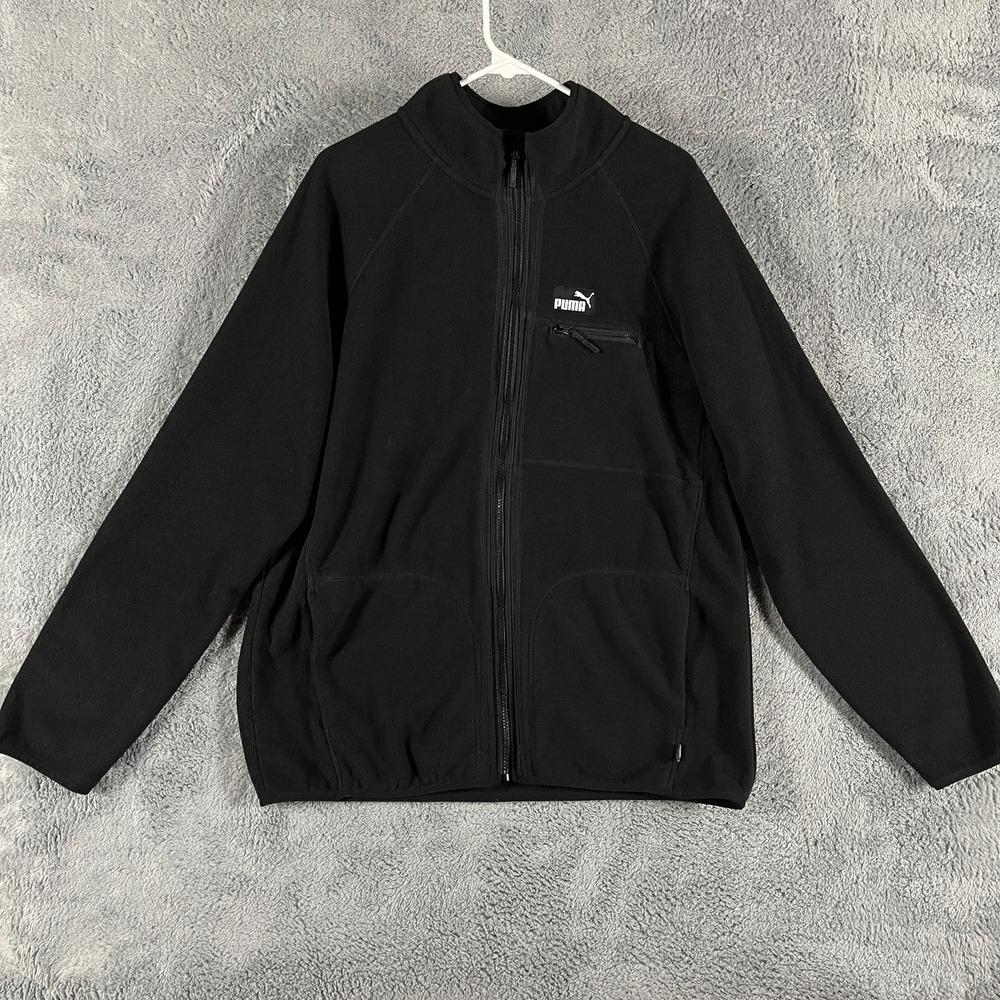 Puma Fleece Jacket Mens Large Black Patch Logo Long Sleeve Mock Neck Full Zip